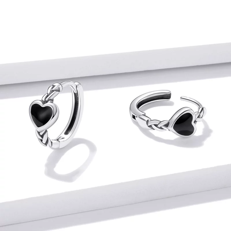 (image pour) Boucles d'oreilles à créoles en forme de cœur noir style Pandora - BSE456 - Afficher 3