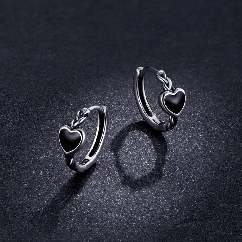 (image pour) Boucles d'oreilles à créoles en forme de cœur noir style Pandora - BSE456 - Afficher 4
