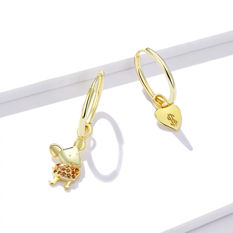 (image pour) Boucles d'oreilles créoles style Pandora avec un rat chanceux et un cœur - BSE34 - Afficher 4