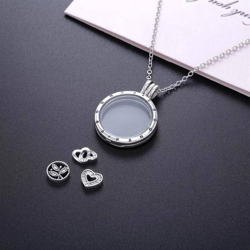 (image pour) Collier Pendentif Médaillon Flottant avec Symboles Miniatures Amour et Famille - - Afficher 2