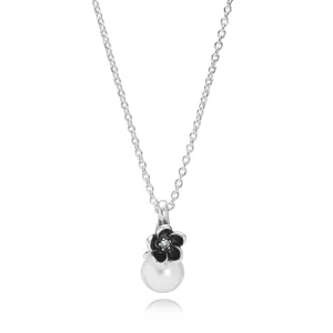 (image pour) PANDORA - Floral silver pendant with white freshwater cultured pearl, cubic zirconia, black enamel and necklace - 390363P - Coll