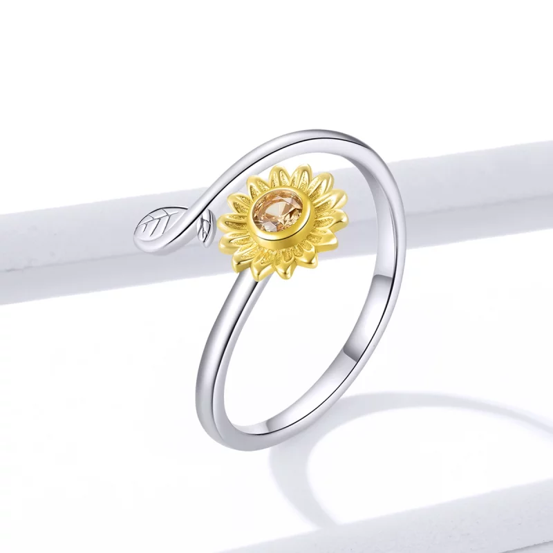 (image pour) Anneau ouvert de style Pandora avec une fleur fraîche en forme de marguerite - B - Afficher 2
