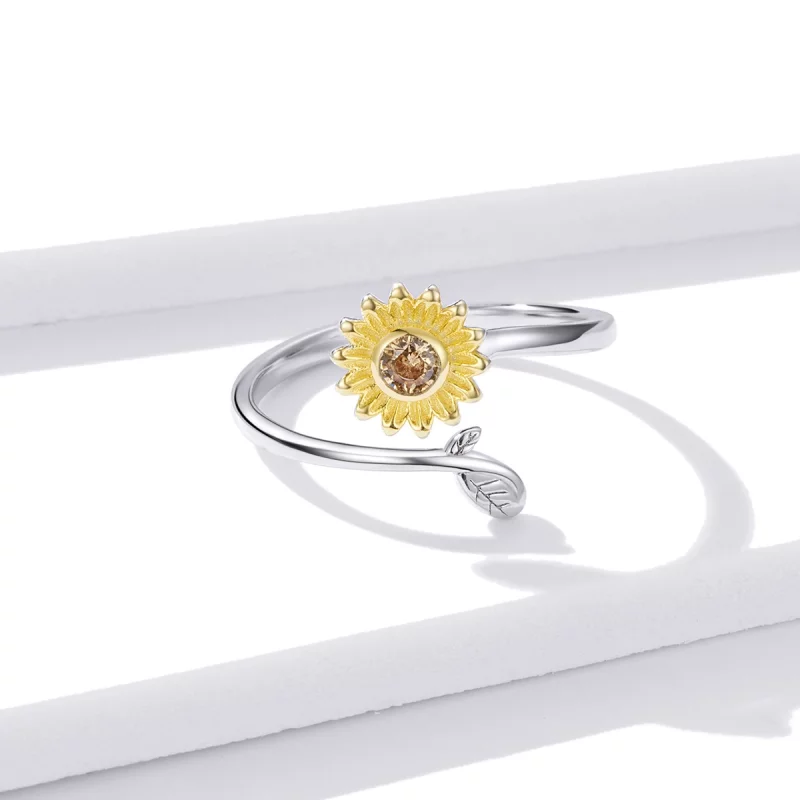(image pour) Anneau ouvert de style Pandora avec une fleur fraîche en forme de marguerite - B - Afficher 3