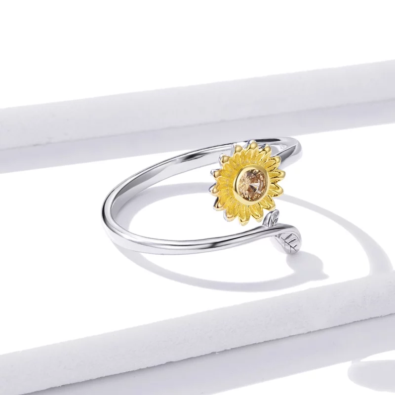 (image pour) Anneau ouvert de style Pandora avec une fleur fraîche en forme de marguerite - B - Afficher 4