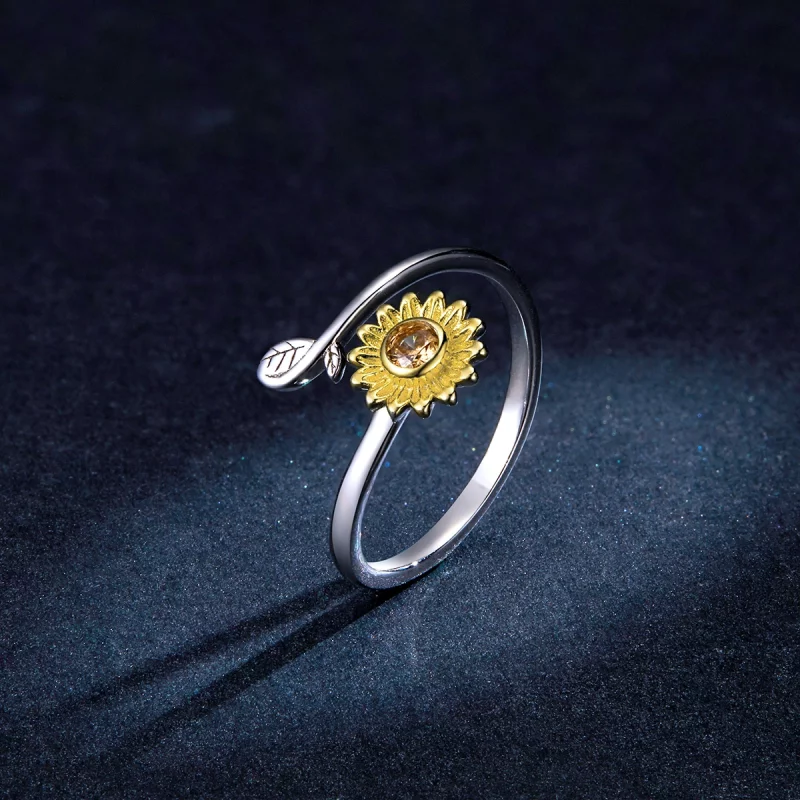(image pour) Anneau ouvert de style Pandora avec une fleur fraîche en forme de marguerite - B - Afficher 5