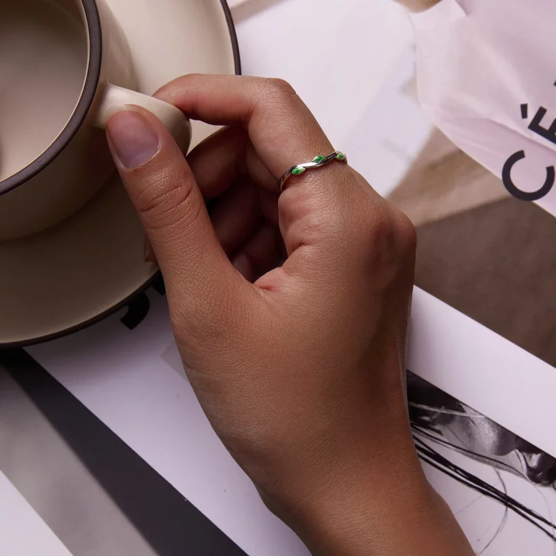 (image pour) Bague ouverte de style Pandora avec des feuilles vertes - SCR808 - Afficher 6