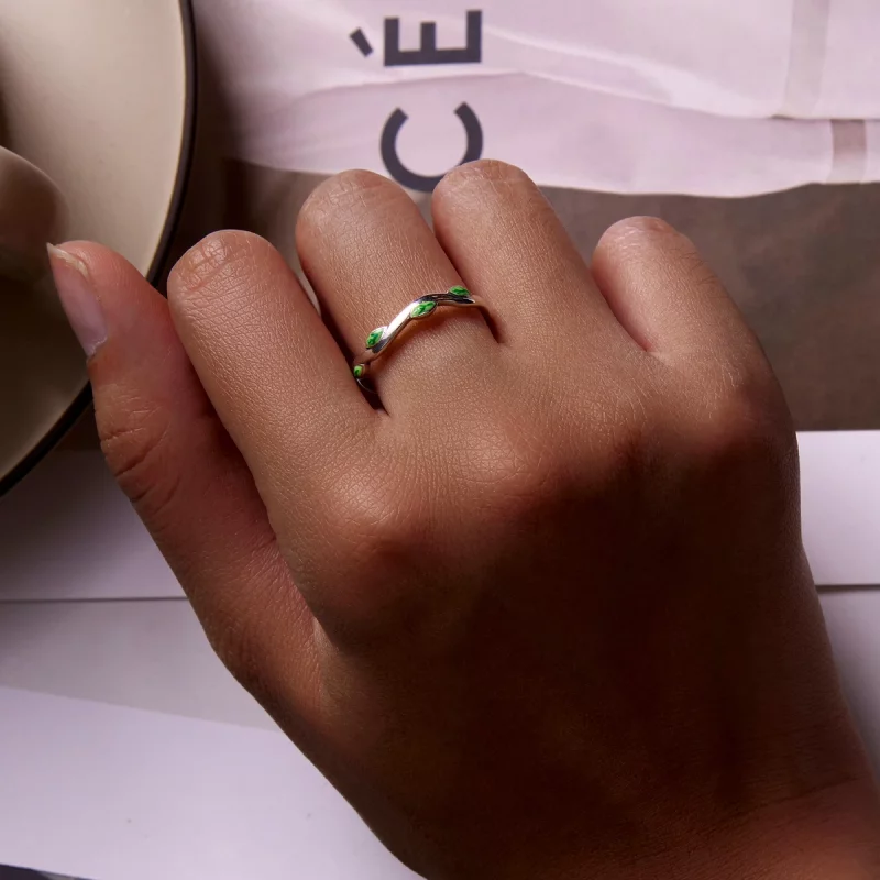 (image pour) Bague ouverte de style Pandora avec des feuilles vertes - SCR808 - Afficher 7