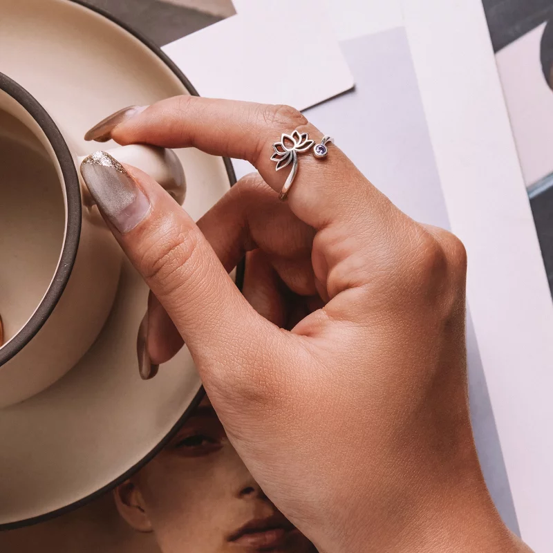 (image pour) Bague ouverte de style Pandora avec un simple motif de lotus - SCR821 - Afficher 8