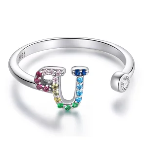 (image pour) Bague ouverte en style Pandora avec lettre U colorée - SCR723-U