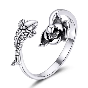Bague ouverte en style Pandora avec motif de carpes Koï et volants - BSR201 (image pour) Bague ouverte en style Pandora avec motif de carpes Koï et volants - BSR201