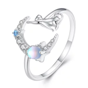 (image pour) Bague ouverte en style Pandora avec motif de chat lunaire - BSR315