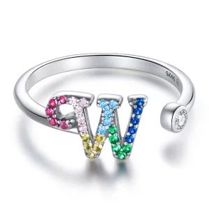 Bague ouverte Pandora Style avec lettre colorée W - SCR723-W (image pour) Bague ouverte Pandora Style avec lettre colorée W - SCR723-W