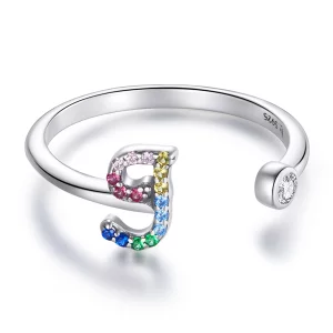 Bague ouverte Pandora Style avec lettre J colorée - SCR723-J (image pour) Bague ouverte Pandora Style avec lettre J colorée - SCR723-J