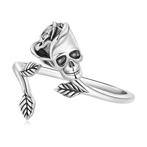 Bague ouverte style Pandora avec crâne et rose - SCR879 (image pour) Bague ouverte style Pandora avec crâne et rose - SCR879