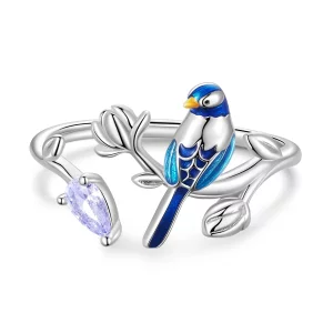 (image pour) Bague ouverte style Pandora avec oiseau et fleur - BSR288