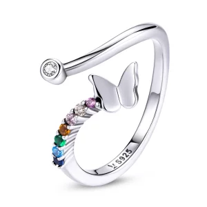(image pour) Bague ouverte style Pandora avec papillon arc-en-ciel - SCR730