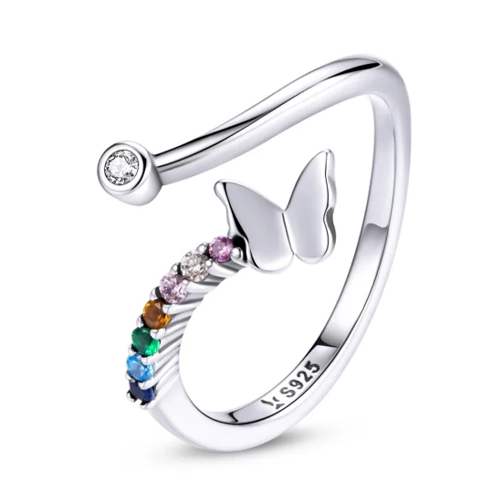 (image pour) Bague ouverte style Pandora avec papillon arc-en-ciel - SCR730