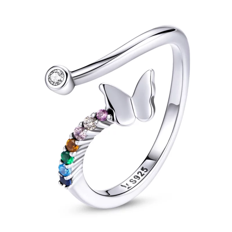 (image pour) Bague ouverte style Pandora avec papillon arc-en-ciel - SCR730