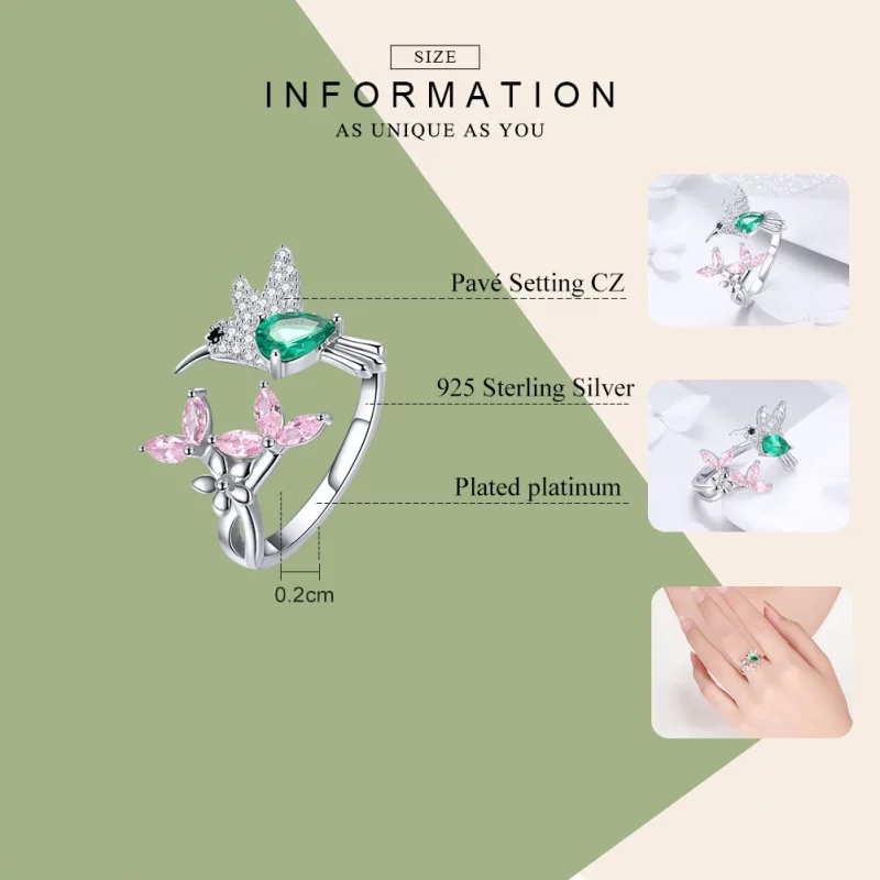 (image pour) Bague Ouverte Style PANDORA Cadeau de Colibri - BSR016 - Afficher 7