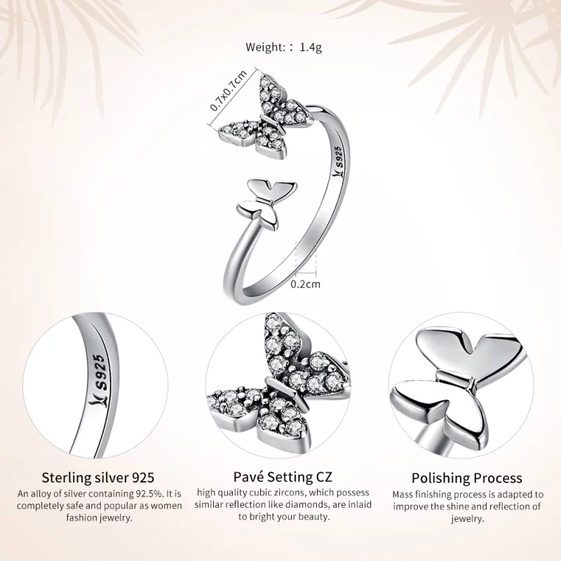 (image pour) Bague Ouverte Style PANDORA Danse des papillons - SCR087 - Afficher 3