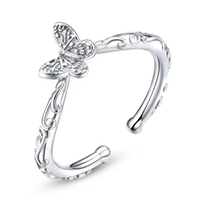 Bague Ouverte Style PANDORA Papillon à motifs vintage - SCR634 (image pour) Bague Ouverte Style PANDORA Papillon à motifs vintage - SCR634