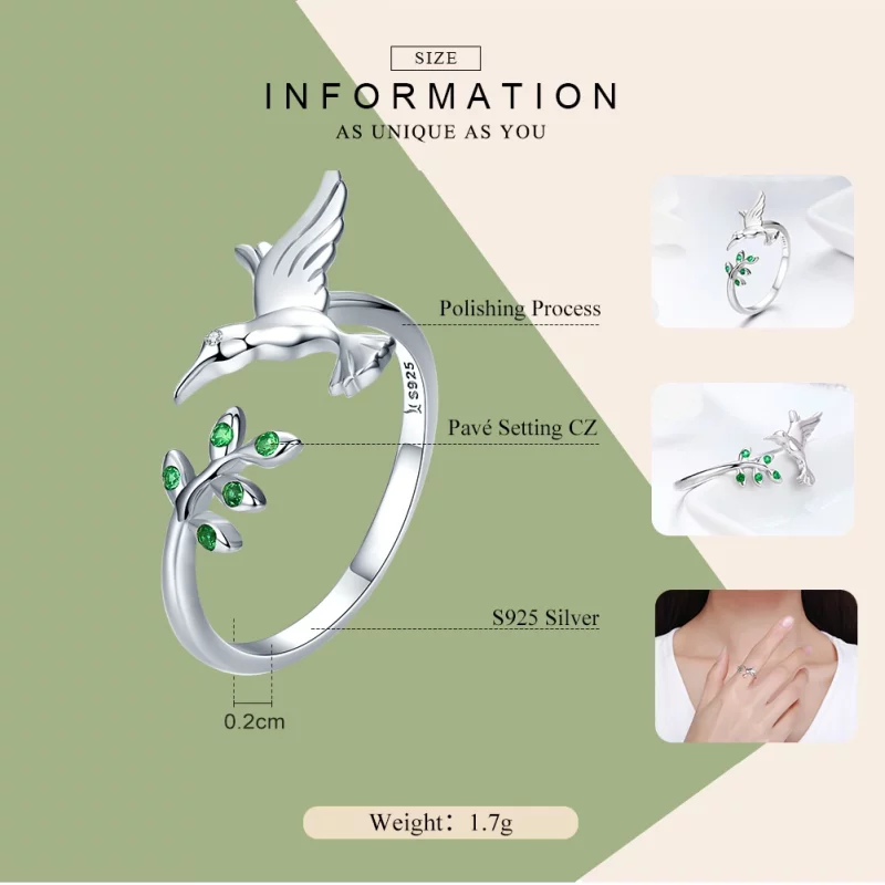 (image pour) Bague Ouverte Style PANDORA Salutations des colibris - SCR323 - Afficher 8