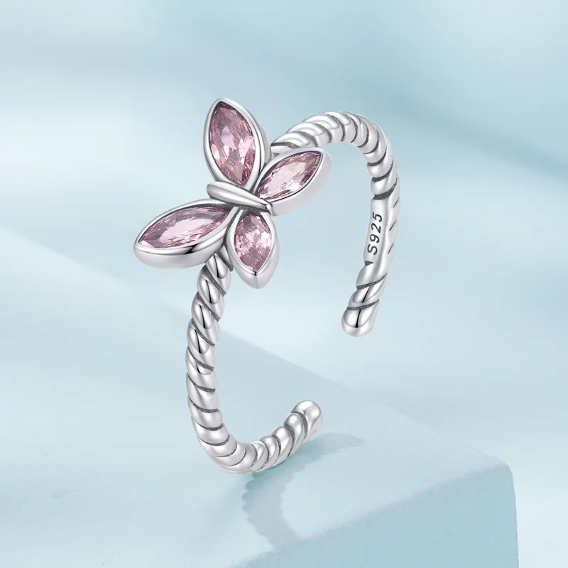 (image pour) Bague ouverte torsadée style Pandora avec papillon rose - SCR872 - Afficher 2