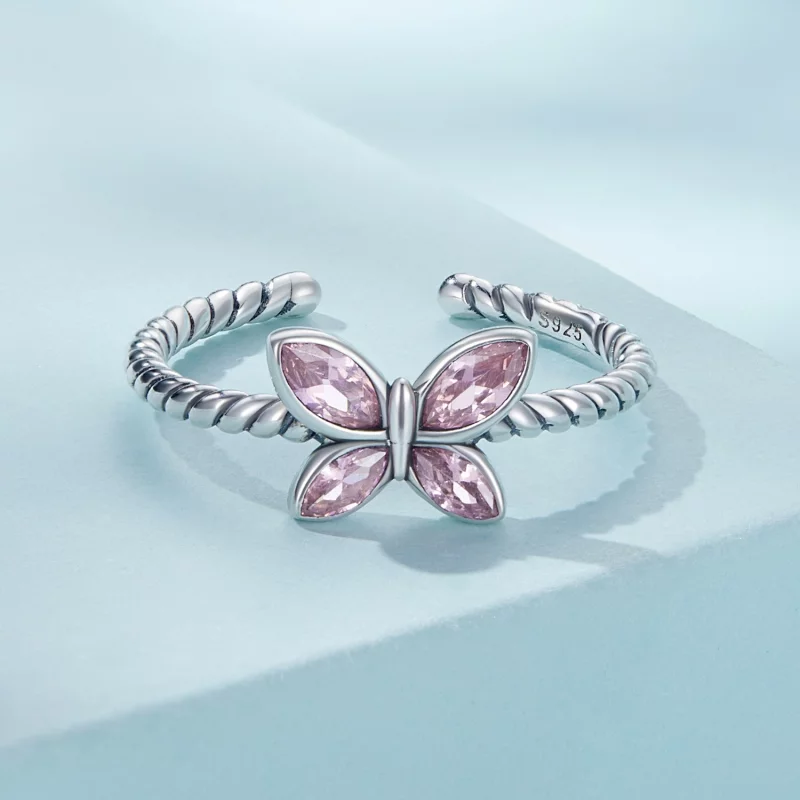 (image pour) Bague ouverte torsadée style Pandora avec papillon rose - SCR872 - Afficher 3