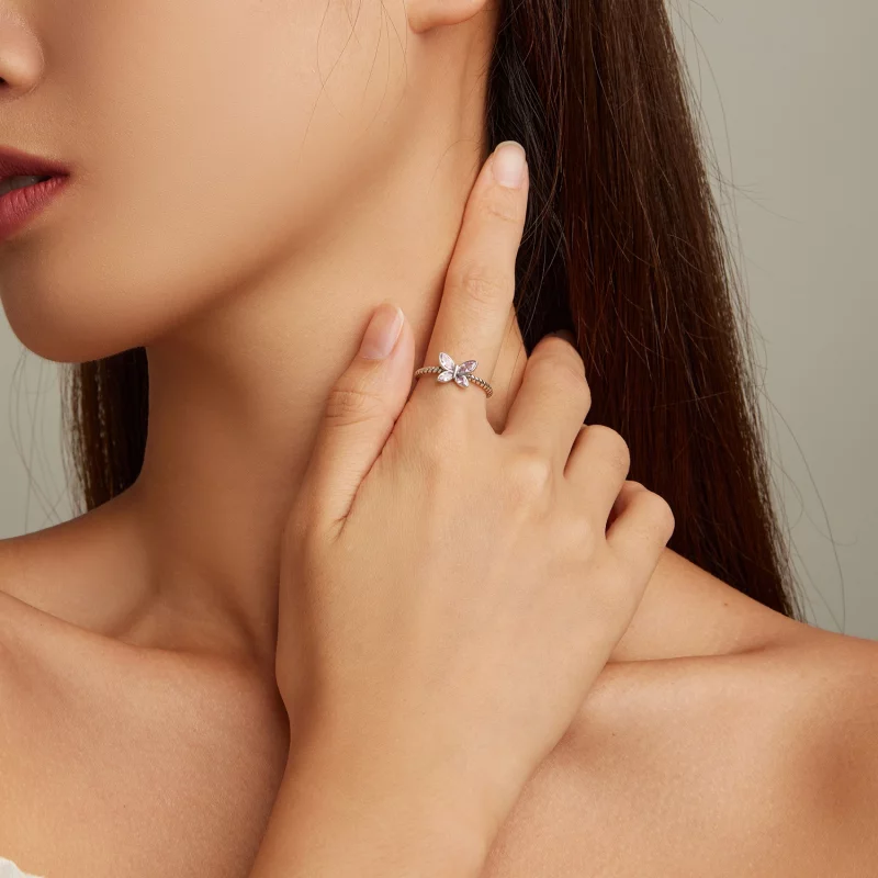 (image pour) Bague ouverte torsadée style Pandora avec papillon rose - SCR872 - Afficher 4
