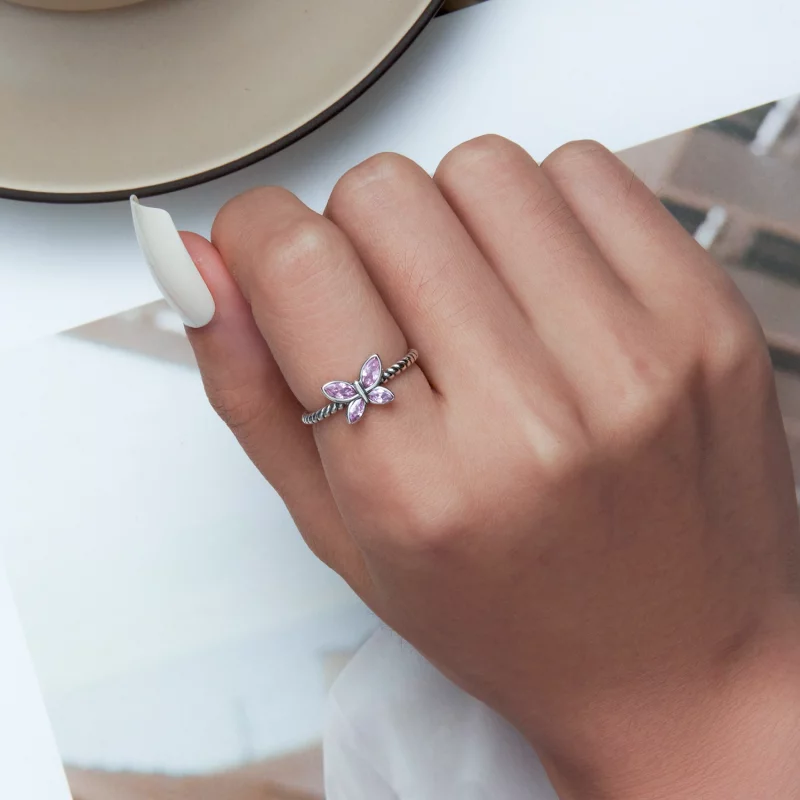 (image pour) Bague ouverte torsadée style Pandora avec papillon rose - SCR872 - Afficher 5