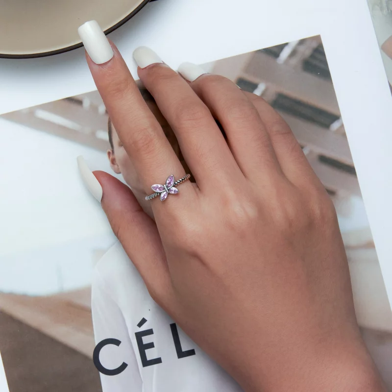 (image pour) Bague ouverte torsadée style Pandora avec papillon rose - SCR872 - Afficher 6