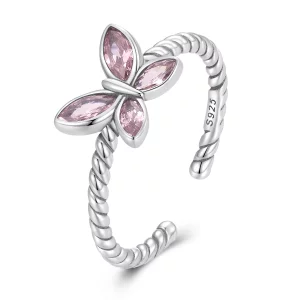 (image pour) Bague ouverte torsadée style Pandora avec papillon rose - SCR872