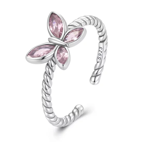 (image pour) Bague ouverte torsadée style Pandora avec papillon rose - SCR872