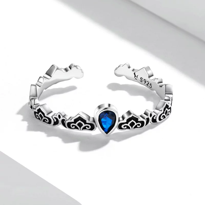 (image pour) Style Pandora Vintage Motif - Bague ouverte en pierre bleue en forme de goutte - - Afficher 3