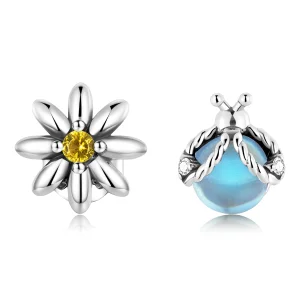 (image pour) Boucles d'oreilles asymétriques style Pandora avec marguerite et coccinelle - SCE1364