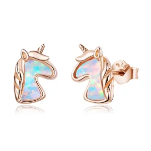 (image pour) Boucles d'oreilles clou de style Pandora avec licorne en opale bleue océanique - SCE815-C