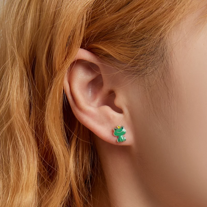 (image pour) Boucles d'oreilles à clou de style Pandora avec une petite grenouille drôle - SC - Afficher 5