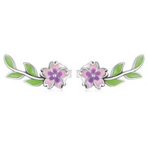 Boucles d'oreilles à clou style Pandora avec fleurs et feuilles - SCE1391 (image pour) Boucles d'oreilles à clou style Pandora avec fleurs et feuilles - SCE1391