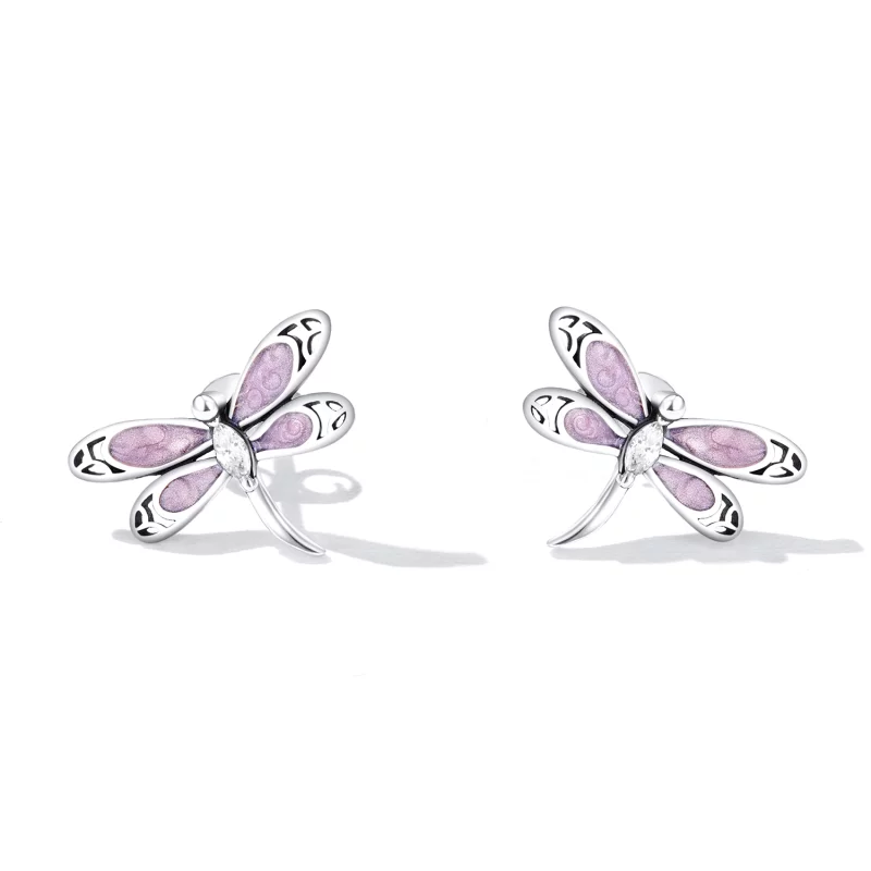 (image pour) Boucles d'oreilles clou style Pandora pour fille avec une libellule rose - SCE14 - Afficher 2