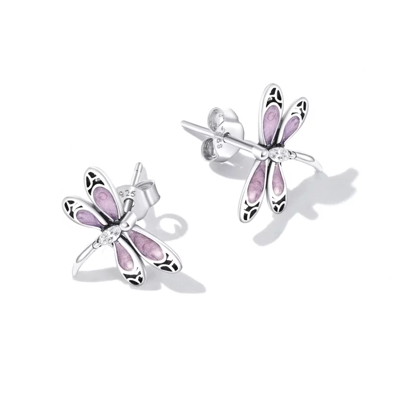 (image pour) Boucles d'oreilles clou style Pandora pour fille avec une libellule rose - SCE14 - Afficher 4