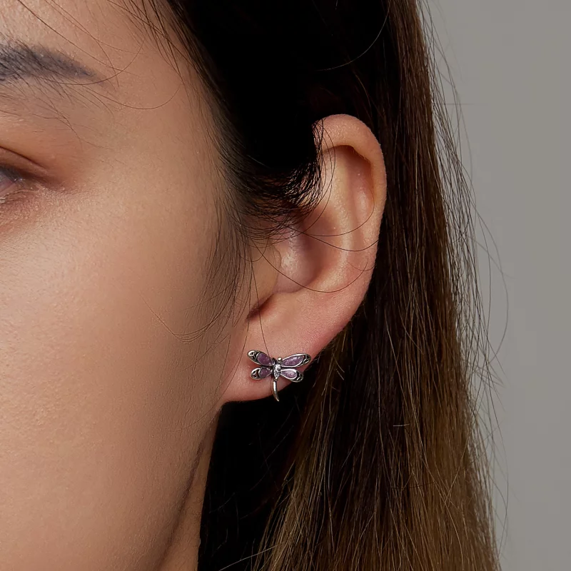 (image pour) Boucles d'oreilles clou style Pandora pour fille avec une libellule rose - SCE14 - Afficher 5