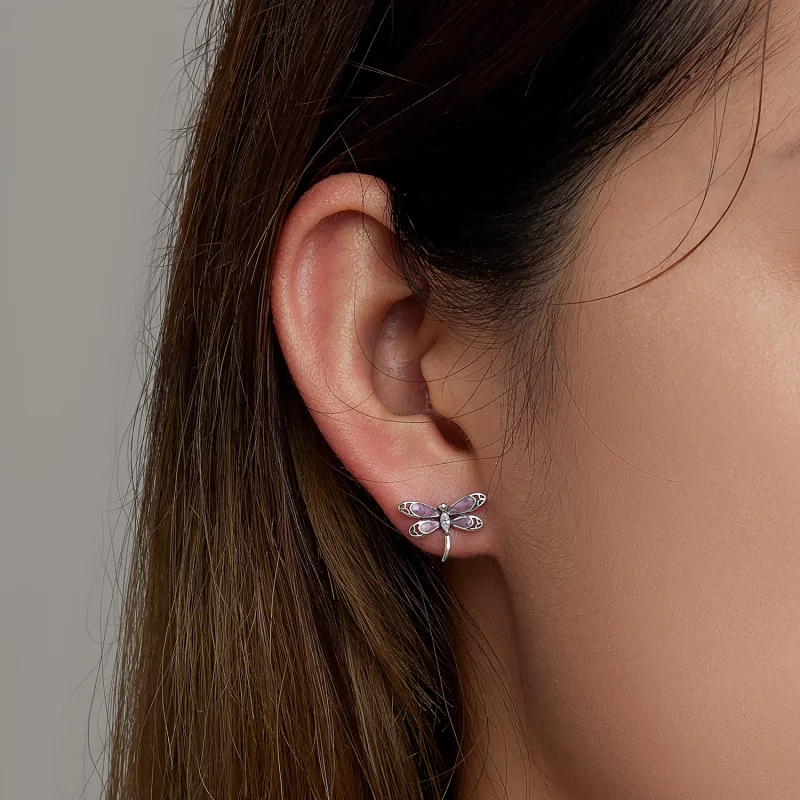 (image pour) Boucles d'oreilles clou style Pandora pour fille avec une libellule rose - SCE14 - Afficher 6