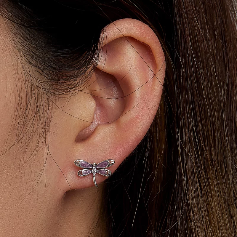 (image pour) Boucles d'oreilles clou style Pandora pour fille avec une libellule rose - SCE14 - Afficher 7