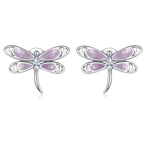 (image pour) Boucles d'oreilles clou style Pandora pour fille avec une libellule rose - SCE1414