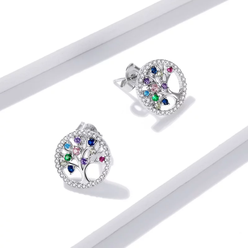 (image pour) Boucles d'oreilles clous de style Pandora avec arbre de vie coloré - BSE497 - Afficher 2