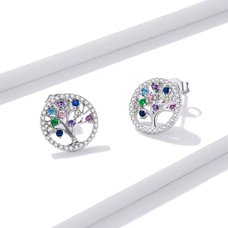(image pour) Boucles d'oreilles clous de style Pandora avec arbre de vie coloré - BSE497 - Afficher 3