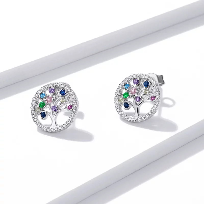 (image pour) Boucles d'oreilles clous de style Pandora avec arbre de vie coloré - BSE497 - Afficher 4