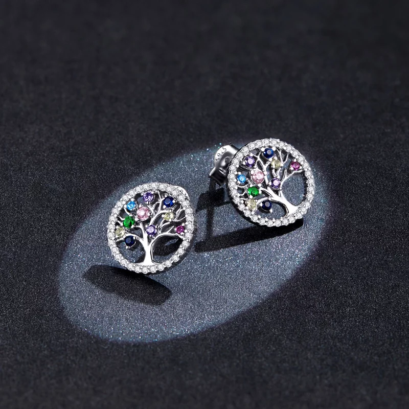 (image pour) Boucles d'oreilles clous de style Pandora avec arbre de vie coloré - BSE497 - Afficher 5