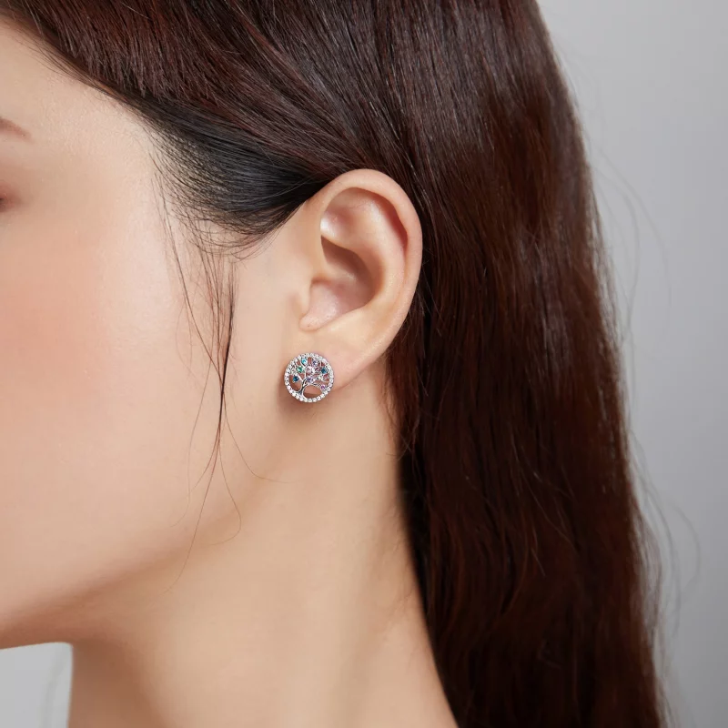 (image pour) Boucles d'oreilles clous de style Pandora avec arbre de vie coloré - BSE497 - Afficher 6