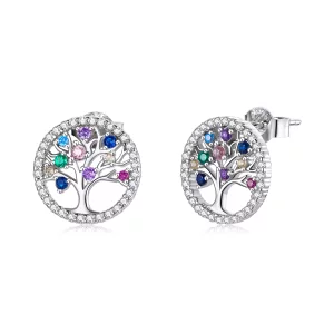 (image pour) Boucles d'oreilles clous de style Pandora avec arbre de vie coloré - BSE497